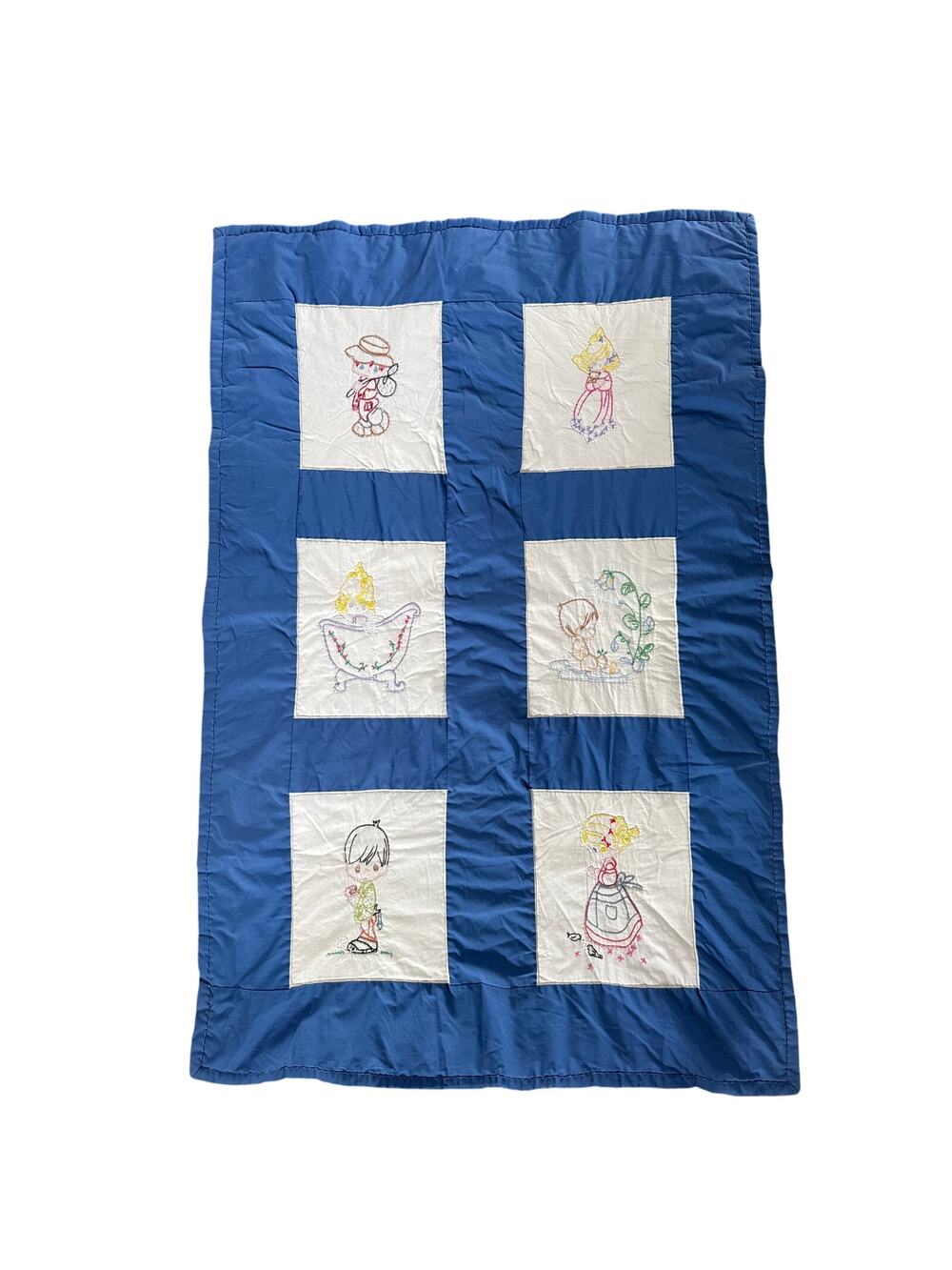 Vintage Hand Embroidered Child’s Quilt – Blue & White Precious Moments Style